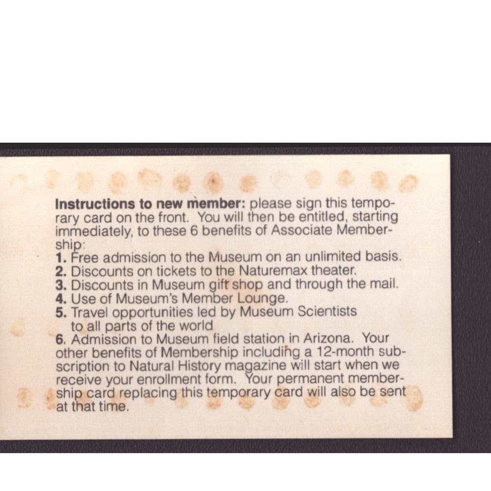 American Museum of Natural History Associate Membership Temporary Card Vintage - Picture 2 of 2